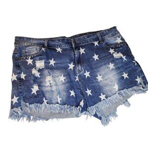 Denim Star Print Distressed Frayed Hem Shorts Faded Festival Resort Nautical